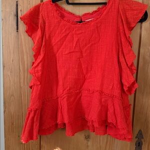 Anthropologie MAEVE Cascade Red Cotton Gauze Tiered Flutter Blouse Top, Size M